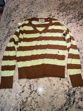Scotch and Soda Striped V-Neck Sweater in Brown and Light Green